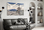 Mount Fuji Pagoda glass wall art styled in a contemporary living room