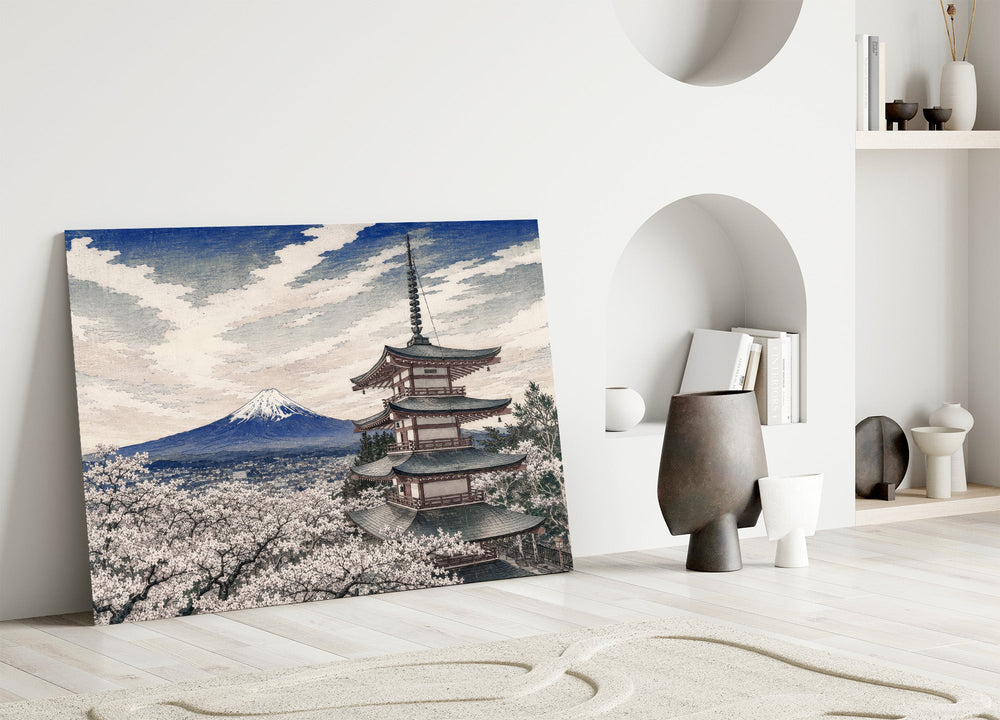 Mount Fuji Pagoda glass wall art leaning against a wall in a minimalist interior