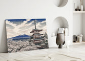 Mount Fuji Pagoda glass wall art leaning against a wall in a minimalist interior