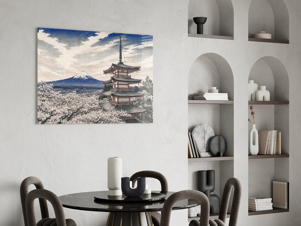 Mount Fuji Pagoda glass wall art shown in a warm, styled interior setting