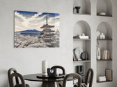Mount Fuji Pagoda glass wall art shown in a warm, styled interior setting