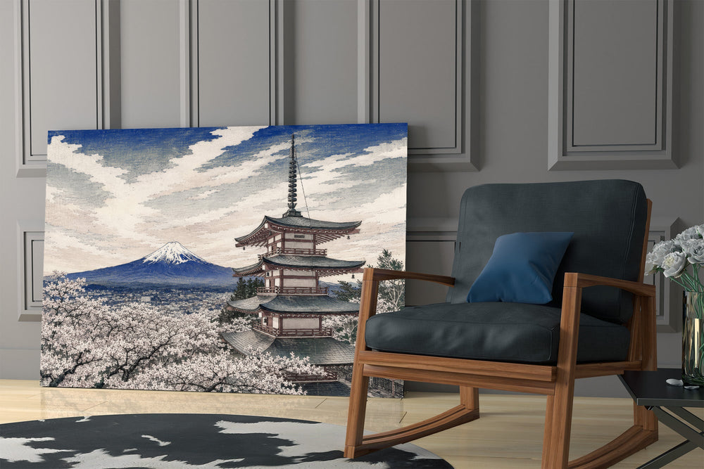 Mount Fuji Pagoda glass wall art hanging as a focal point in a modern room