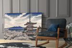Mount Fuji Pagoda glass wall art hanging as a focal point in a modern room