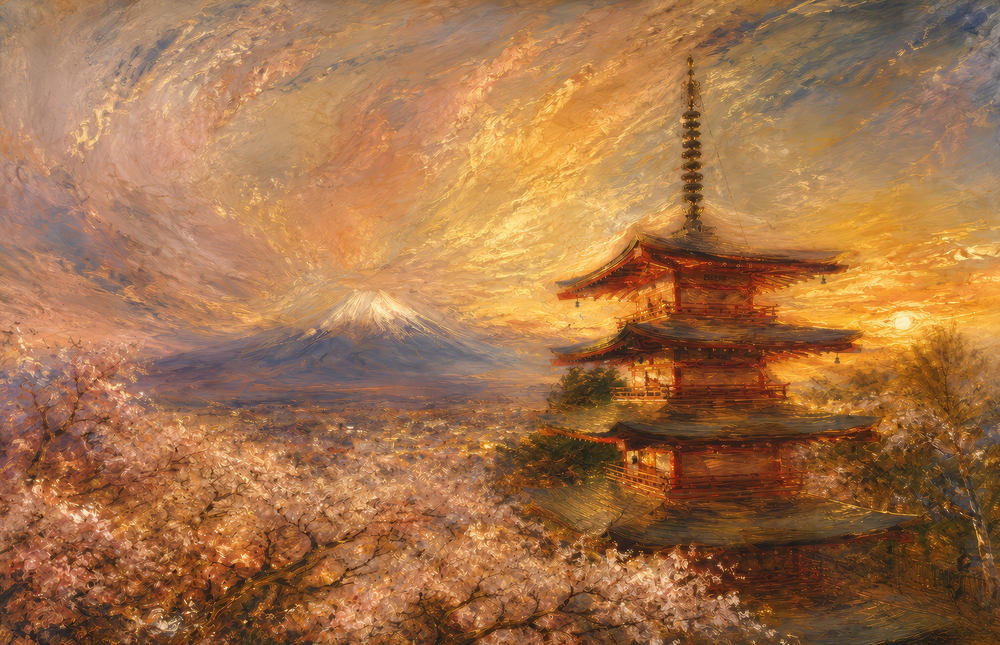 Mount Fuji Pagoda Turner Style Glass Wall Art