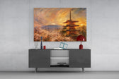 Mount Fuji Pagoda glass wall art displayed above a console in a modern interior