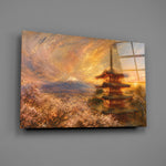 Mount Fuji Pagoda glass wall art mounted flat on a grey wall