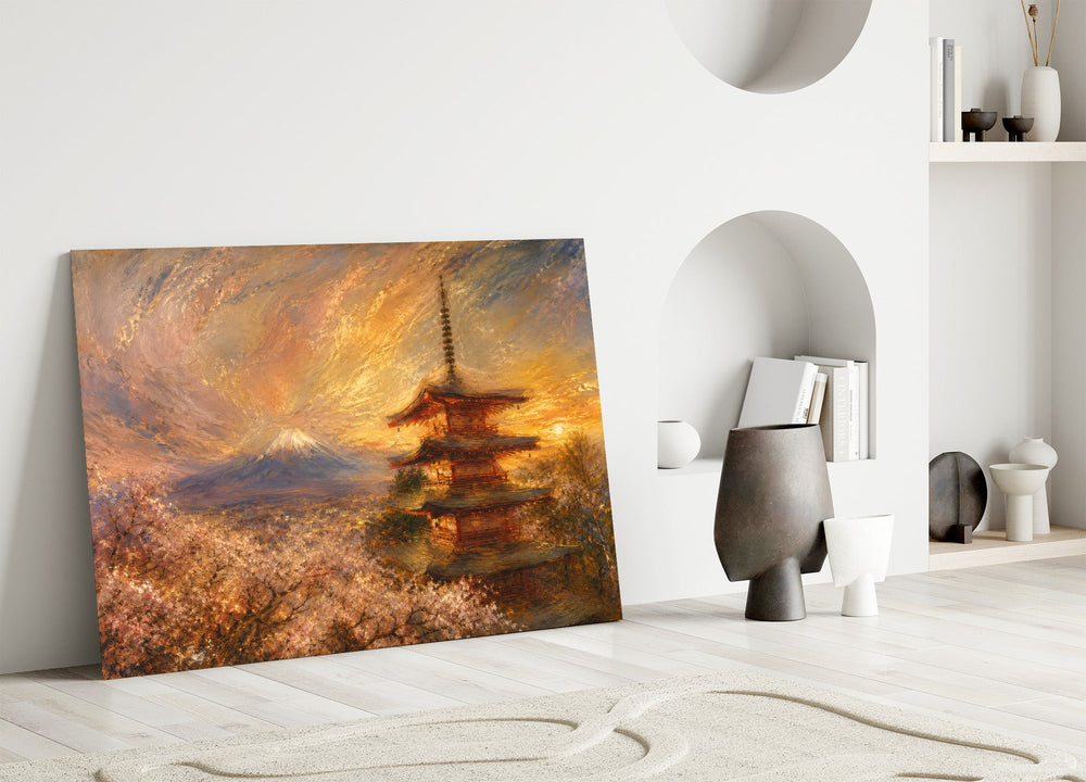 Mount Fuji Pagoda glass wall art leaning against a wall in a minimalist interior