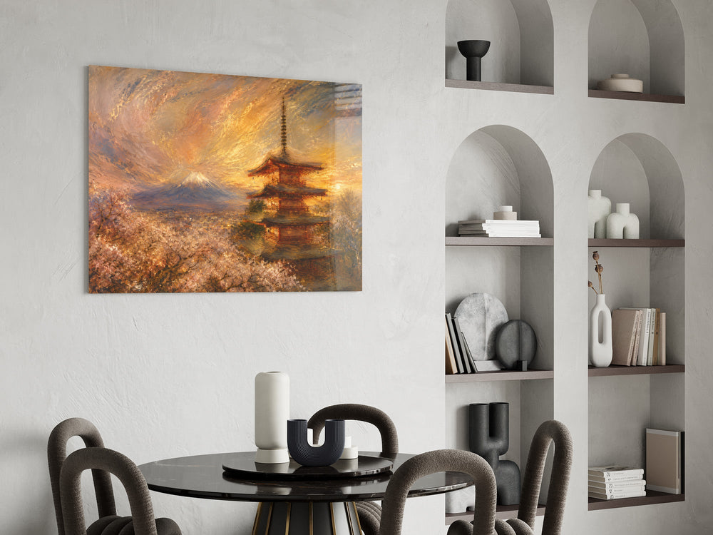 Mount Fuji Pagoda glass wall art shown in a warm, styled interior setting