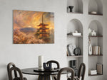 Mount Fuji Pagoda glass wall art shown in a warm, styled interior setting