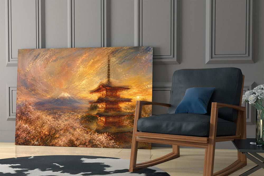 Mount Fuji Pagoda glass wall art hanging as a focal point in a modern room