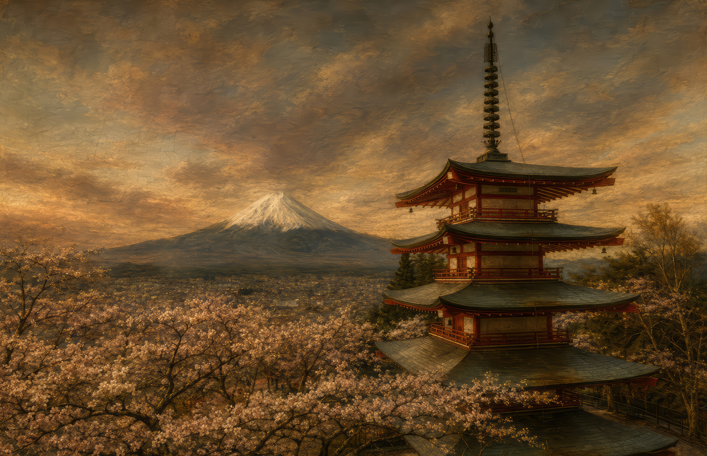 Mount Fuji Pagoda Da Vinci Style Glass Wall Art