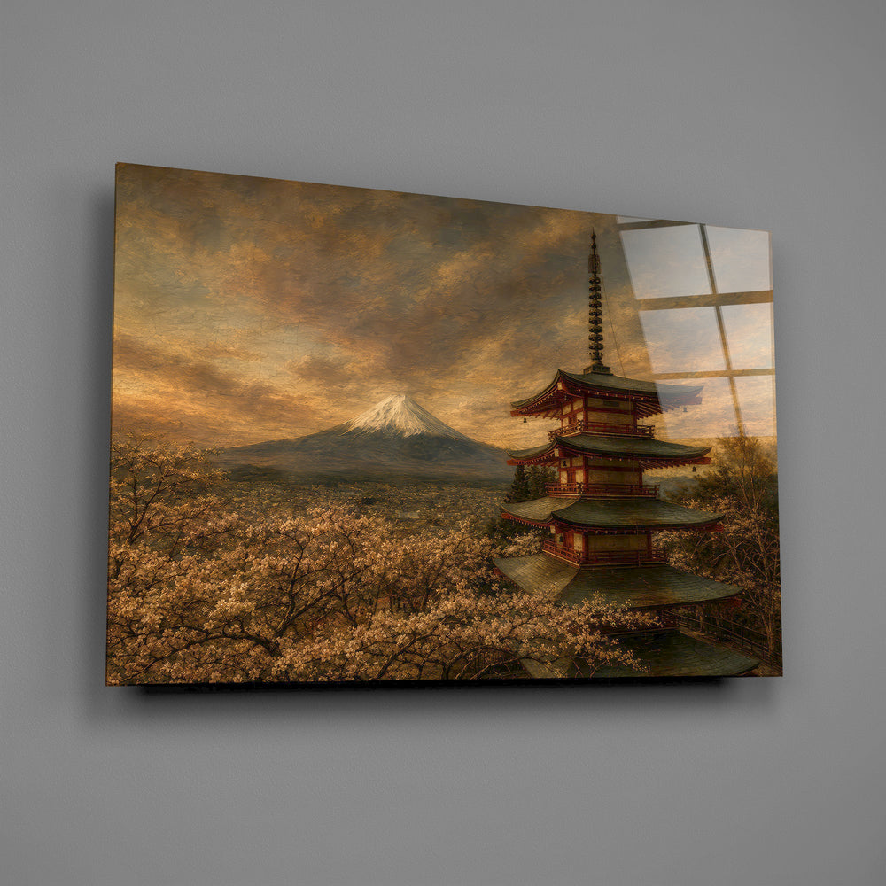 Mount Fuji Pagoda glass wall art mounted flat on a grey wall