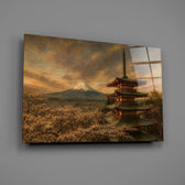 Mount Fuji Pagoda glass wall art mounted flat on a grey wall