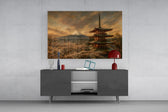 Mount Fuji Pagoda glass wall art displayed above a console in a modern interior