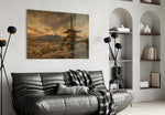 Mount Fuji Pagoda glass wall art styled in a contemporary living room
