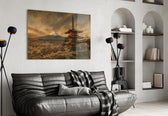 Mount Fuji Pagoda glass wall art styled in a contemporary living room