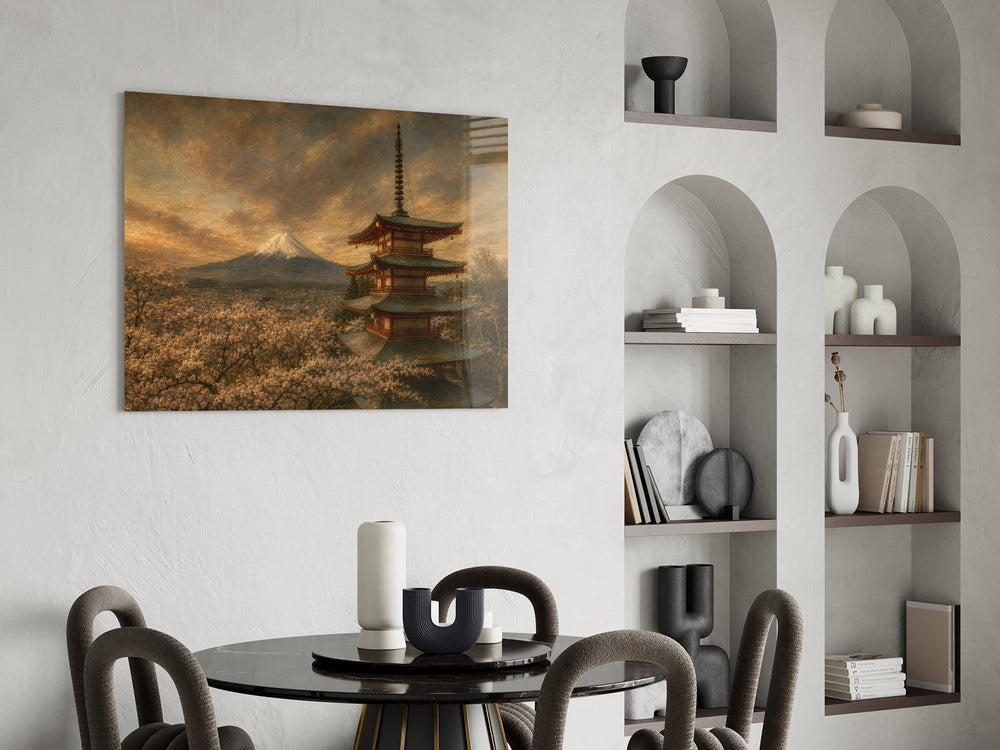 Mount Fuji Pagoda glass wall art shown in a warm, styled interior setting