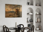 Mount Fuji Pagoda glass wall art shown in a warm, styled interior setting