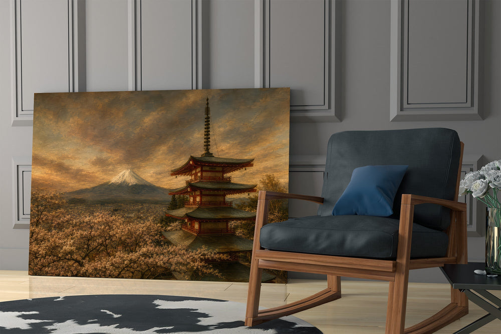 Mount Fuji Pagoda glass wall art hanging as a focal point in a modern room