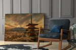 Mount Fuji Pagoda glass wall art hanging as a focal point in a modern room
