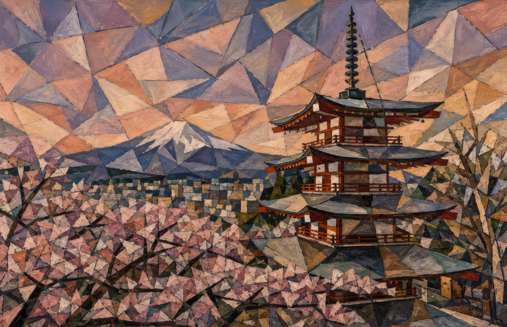Mount Fuji Pagoda Cubist Style Glass Wall Art