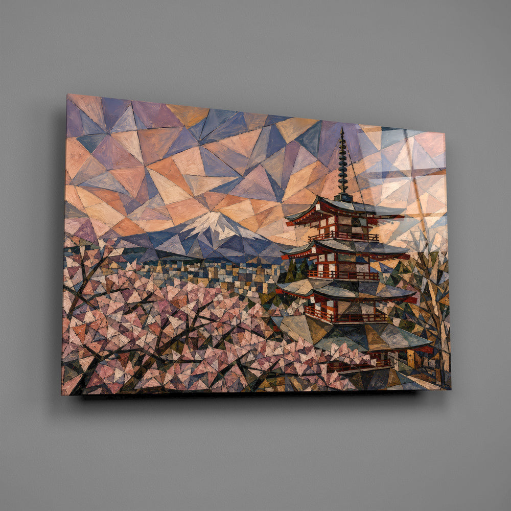 Mount Fuji Pagoda glass wall art mounted flat on a grey wall