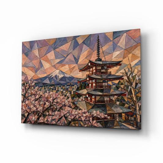 Mount Fuji Pagoda glass wall art, angled view of the tempered glass panel