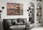Mount Fuji Pagoda glass wall art styled in a contemporary living room