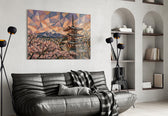 Mount Fuji Pagoda glass wall art styled in a contemporary living room
