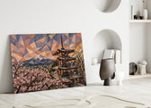 Mount Fuji Pagoda glass wall art leaning against a wall in a minimalist interior