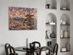 Mount Fuji Pagoda glass wall art shown in a warm, styled interior setting