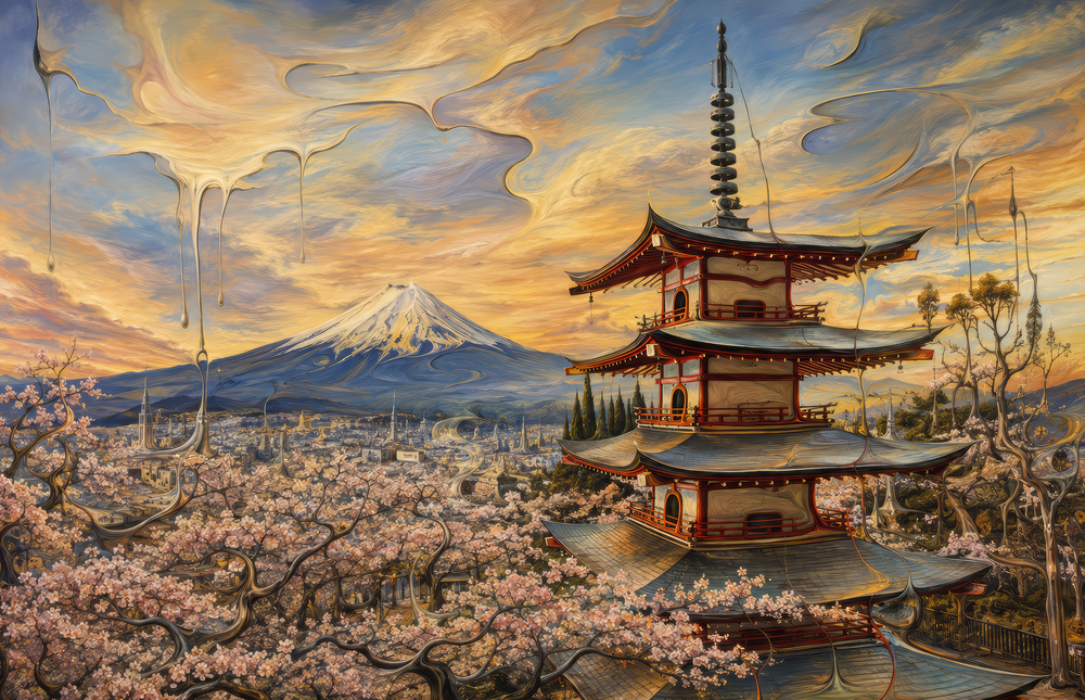 Mount Fuji Pagoda Surrealist Style Glass Wall Art