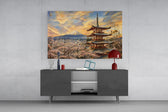 Mount Fuji Pagoda glass wall art displayed above a console in a modern interior