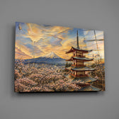 Mount Fuji Pagoda glass wall art mounted flat on a grey wall
