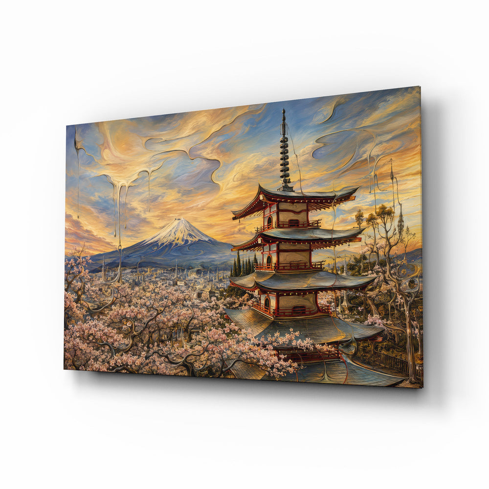 Mount Fuji Pagoda glass wall art, angled view of the tempered glass panel