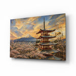 Mount Fuji Pagoda glass wall art, angled view of the tempered glass panel