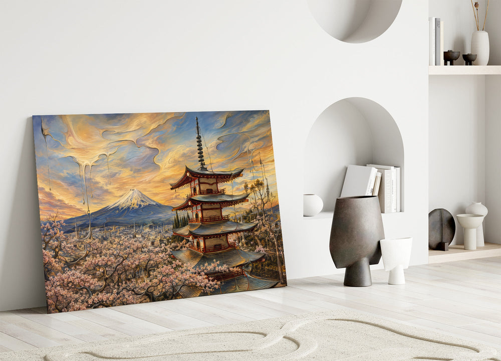 Mount Fuji Pagoda glass wall art leaning against a wall in a minimalist interior
