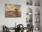 Mount Fuji Pagoda glass wall art shown in a warm, styled interior setting
