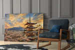 Mount Fuji Pagoda glass wall art hanging as a focal point in a modern room