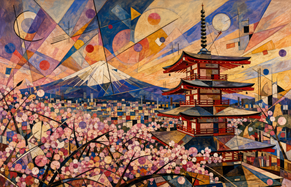 Mount Fuji Pagoda Kandinsky Style Glass Wall Art