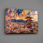 Mount Fuji Pagoda glass wall art mounted flat on a grey wall