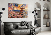 Mount Fuji Pagoda glass wall art styled in a contemporary living room