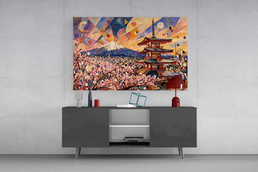 Mount Fuji Pagoda glass wall art displayed above a console in a modern interior