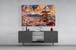 Mount Fuji Pagoda glass wall art displayed above a console in a modern interior