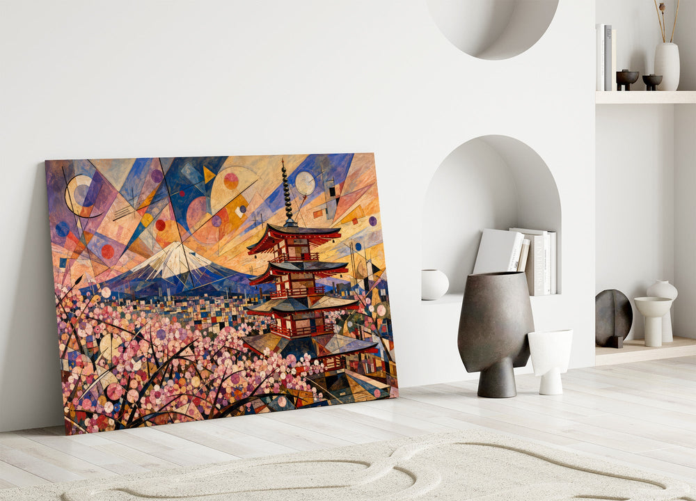 Mount Fuji Pagoda glass wall art leaning against a wall in a minimalist interior