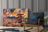 Mount Fuji Pagoda glass wall art hanging as a focal point in a modern room