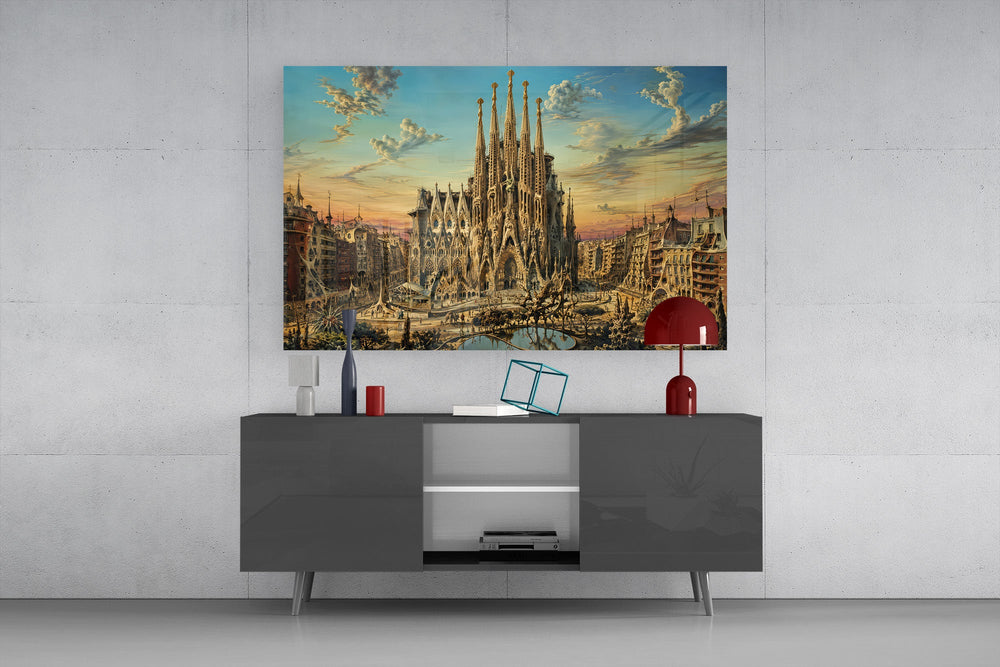 Sagrada Familia glass wall art displayed above a console in a modern interior