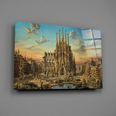 Sagrada Familia glass wall art mounted flat on a grey wall