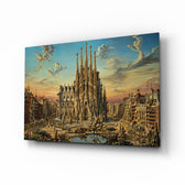 Sagrada Familia glass wall art, angled view of the tempered glass panel