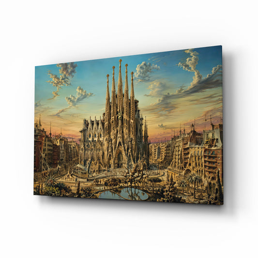Sagrada Familia glass wall art, angled view of the tempered glass panel